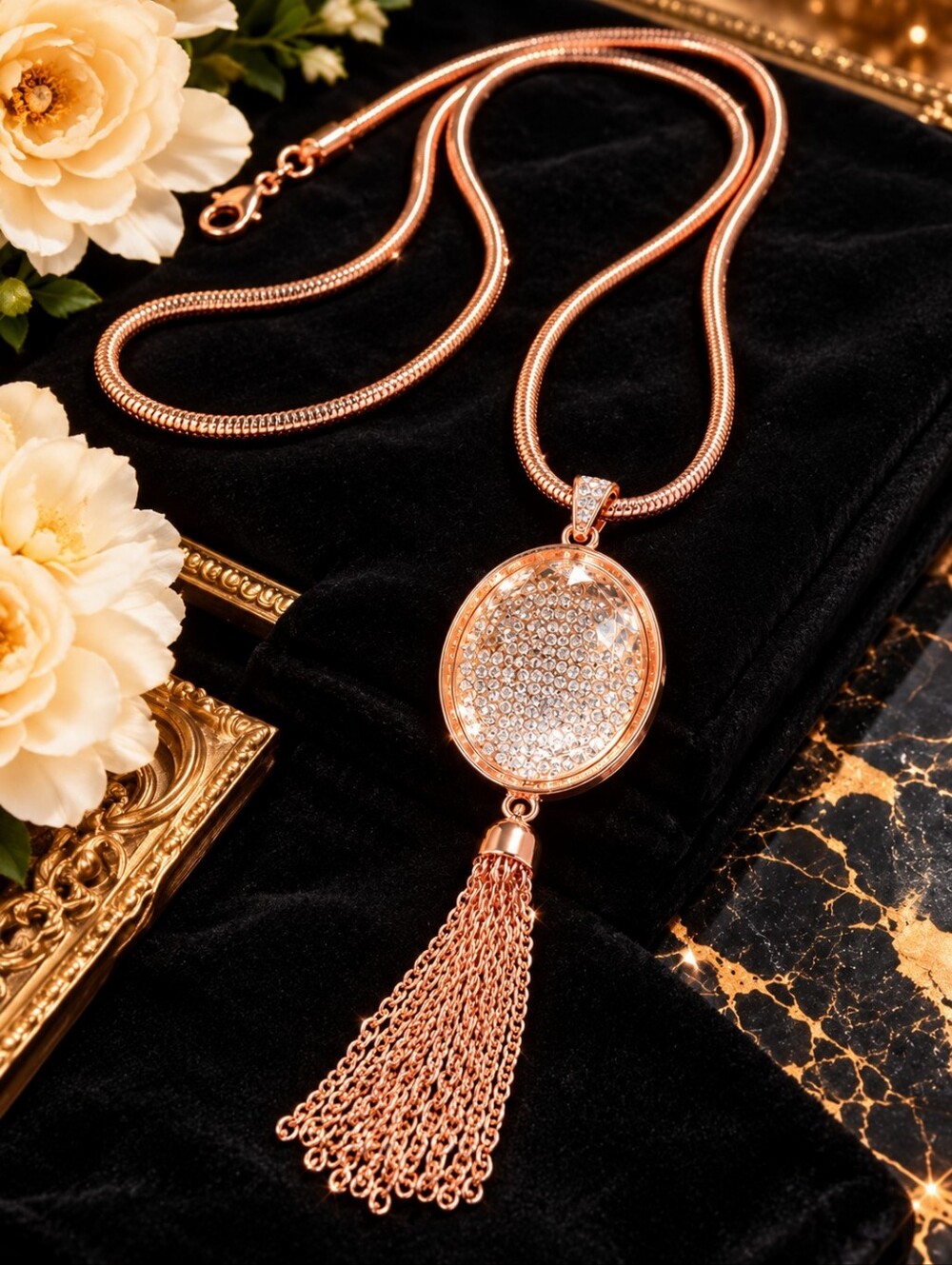 Rose Gold Crystal Faceted Glass Tassel Pendant Necklace 28" Statement